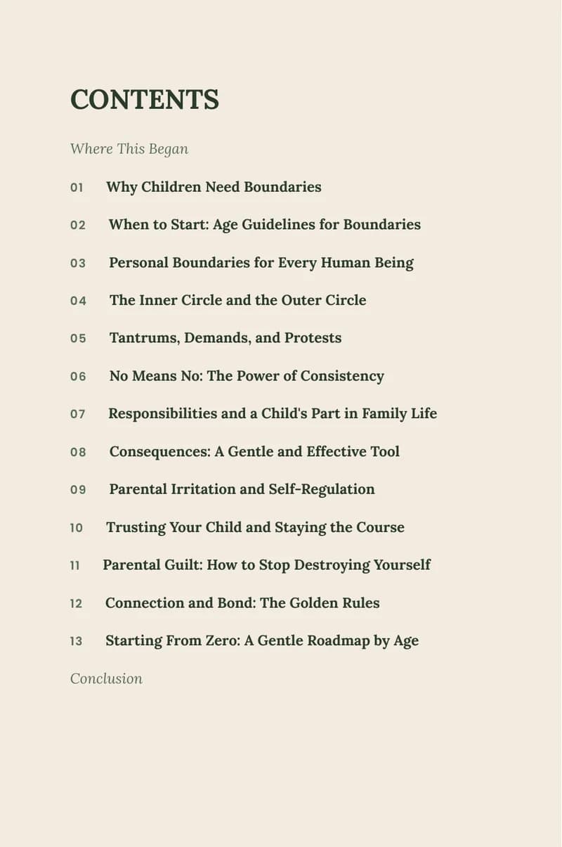 The contents page of The Boundary System, listing all 13 chapters