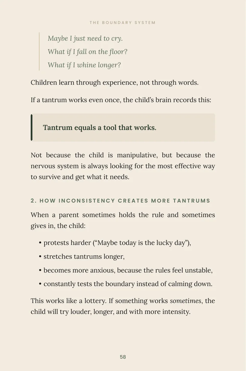 A page from Chapter 6 on why giving in sometimes makes tantrums longer